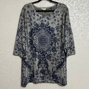 Rue Juju Damask Mandala Print Tunic Top Space Dye‎ Knit Boho Gray Navy 1XL